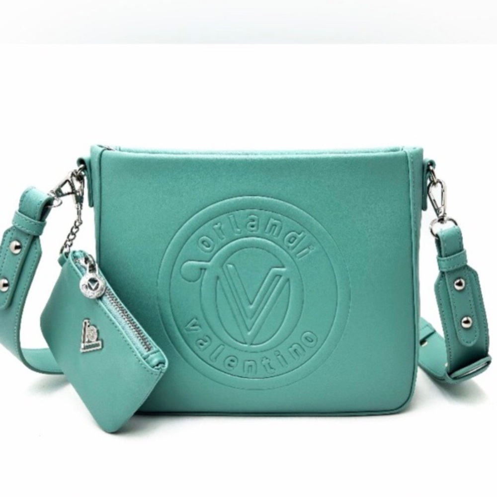 Blue Crossbody Bag with Embossed Design and Silver Hardware